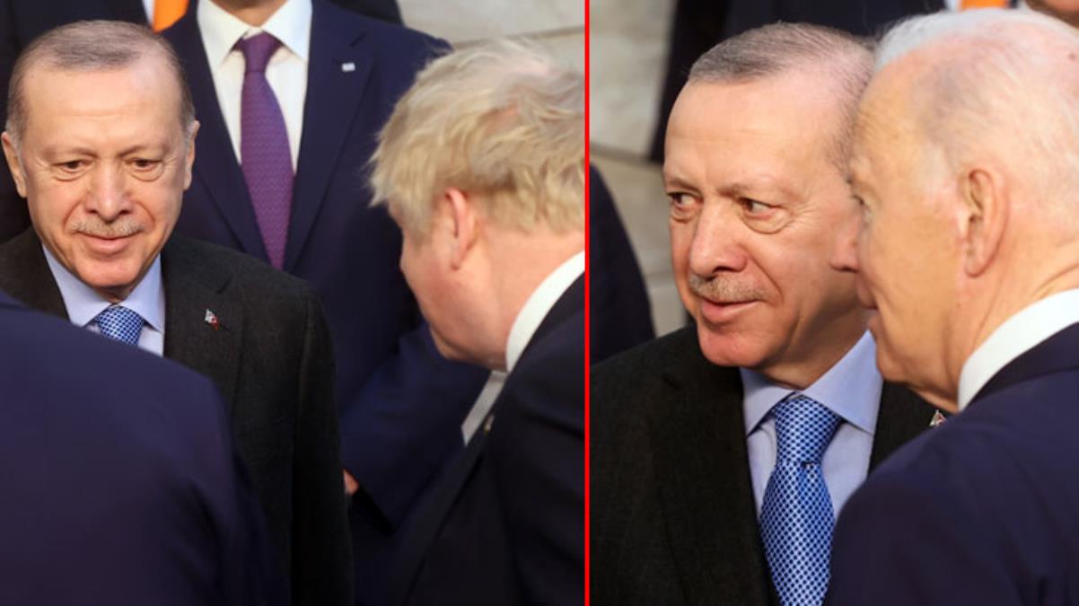 NATO Zirvesi'nde dikkat çeken görüntü! Erdoğan'la göz göze gelen Biden, Johnson'ı unuttu