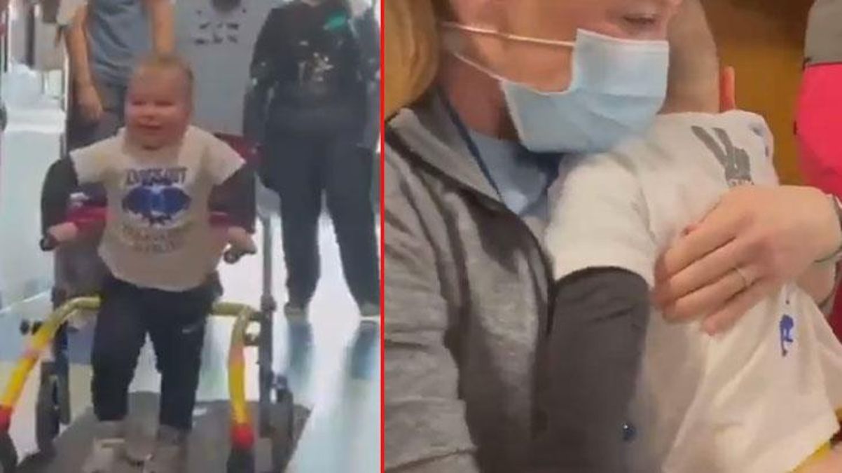 Yürekleri ısıtan görüntü! Felci yenen çocuk hastaneden yürüyerek çıktı